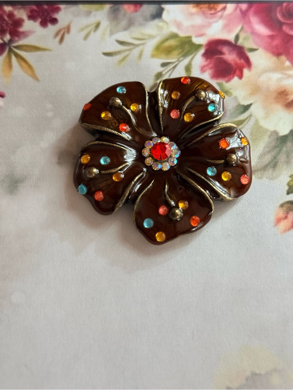 Multicolor Crystal Flower Brooch - Brown Floral Pin